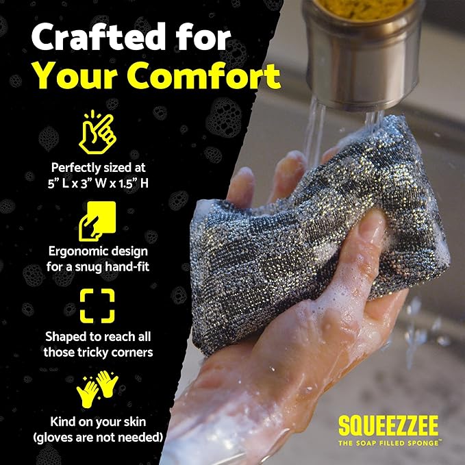 Squeezzee Soap Filled Scrubber Sponges - Non Scratch Scrubbing Sponge with Built-In Dishwashing Liquid Dish Soap - Double Sided Kitchen & Household Cleaning Scrubbers - Up to 300 Washes Per Sponge - 6