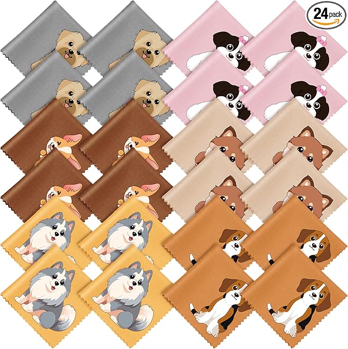 Breling 24 Pack Microfiber Cleaning Cloth Cute Animal Eyeglass Clean Cloths Lens Wipes for Glasses Sunglasses Lens Camera Cell Phone Screens 6" x 6" in(Dog)