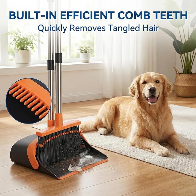 Broom and Dustpan Set for Home, 51.8" Long Handle Standing Dustpan with Self-Cleaning Teeth, Upright Sweeping Combo for Kitchen Office Pet Hair, Orange