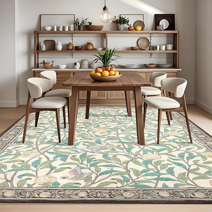 GarveeHome 8x10 Area Rugs for Living Room, Boho Leaf Rugs for Bedroom with Soft Low Pile, Non Slip Botanical Bird Large Washable Rug 8x10 for Dining Room Stain Resistant Beige Throw Rug