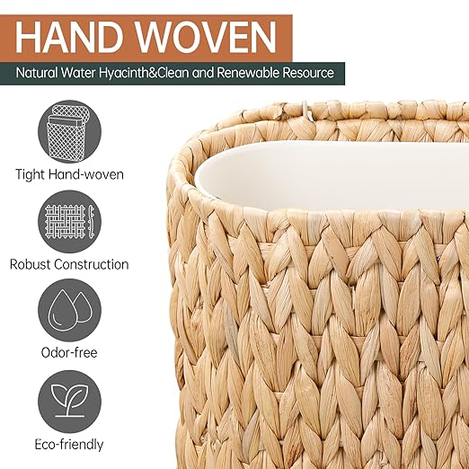 Wicker Bathroom Trash Can with Lid,Narrow Rattan Waste Basket with Removable Liner Bucket,Slim Woven Water Hyacinth Garbage Can for Bedroom,Office,Small Spaces,3 Gallon