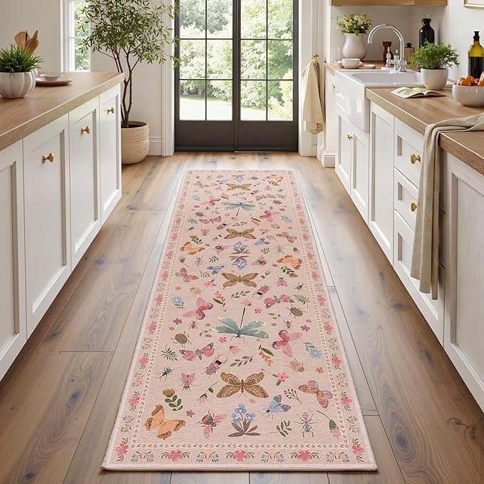 2x6 Floral Runner Rug, Washable Runners for Hallways, Pink Vintage Boho Kitchen Rugs, Non Slip Hallway Runner Carpet for Indoor Hallway, Kitchen, Laundry Room and Bathroom
