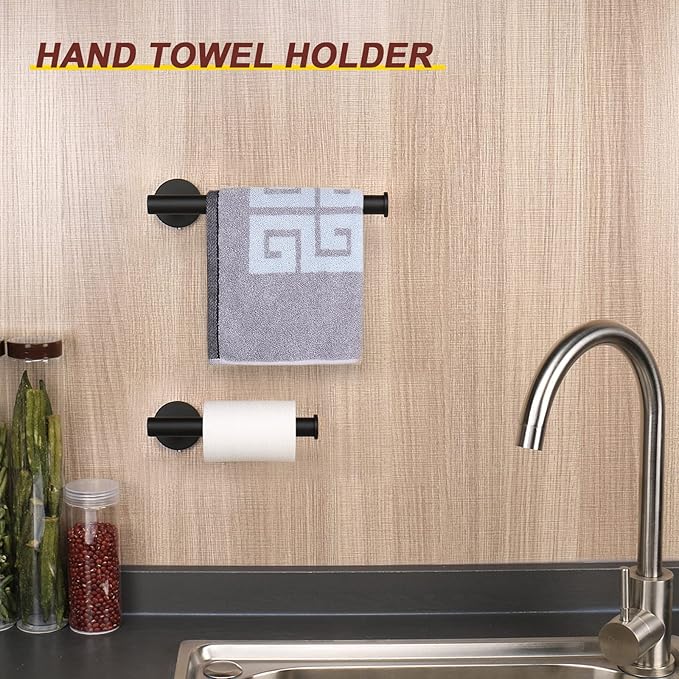 NearMoon Bath Toilet Paper Holder+ Hand Towel Holder, 2 Pieces Bathroom Hardware Set- Premium 304 Stainless Steel Toilet Roll Holder and Towel Rack Wall Mounted for Kitchen (Matte Black)