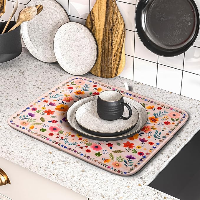 Boho Floral Dish Drying Mat - Pink Wildflower Absorbent Microfiber Kitchen Counter Pad for Home Coffee Bar Decor