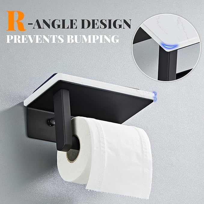 Matte Black Toilet Paper Holder with Shelf, 304 Stainless Steel Screw Wall Mounted, Marble Tissue Roll Holder with Storage
