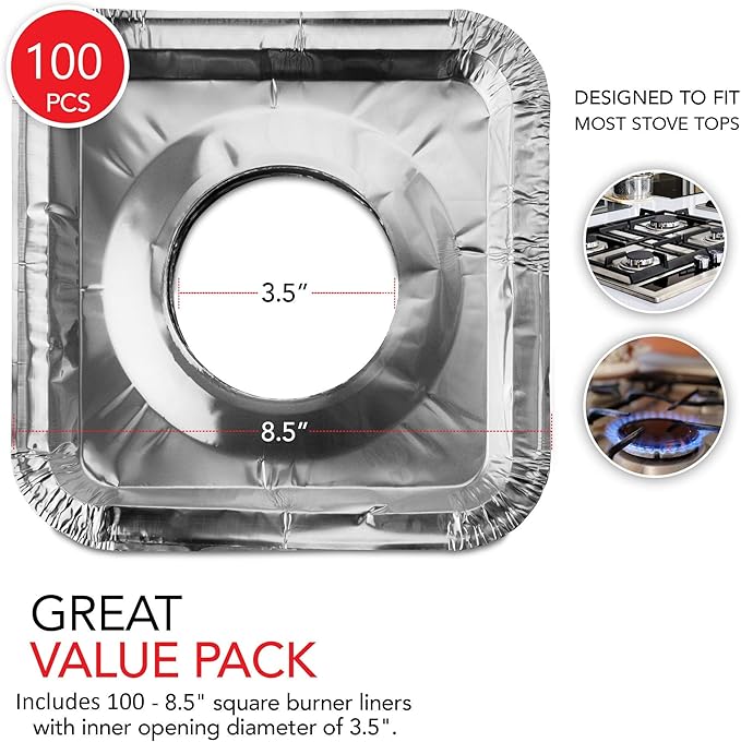 Disposable Gas Burner Liners (100 Pack) Aluminum Foil Square Gas Stove Burner Covers - 8.5 Inch Gas Range Protector, Stove Top Covers for Gas Burners, Foil Liners to Catch Oil, Grease, and Food Spills
