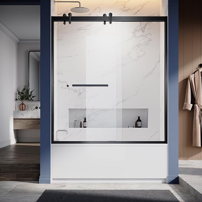 56"-60" W X 66" H Double Sliding Bathtub Door with Frame - Matte Black Hardware, 8mm Tempered Glass, Stainless Steel Hanger Rollers, Easy-Cleaning Coating, Through-Glass Towel Bar & Knob
