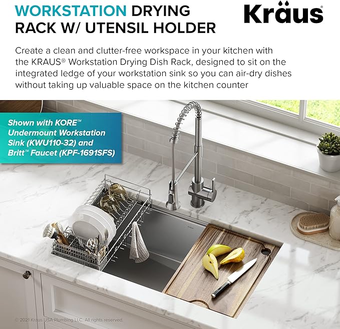 Kraus Workstation Kitchen Sink Dish Drying Rack Drainer and Utensil Holder, 17" L x 9" W, Stainless Steel, KDR-3