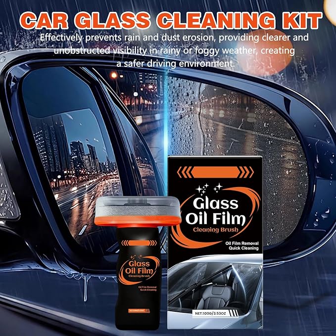 2PC Car Glass Cleaner Oil Film Remover, 100ml Glass Compound with Cleaning Brush, Windshield Cleaner Tool for Automotive Windshield/Window/Mirror Cleaning