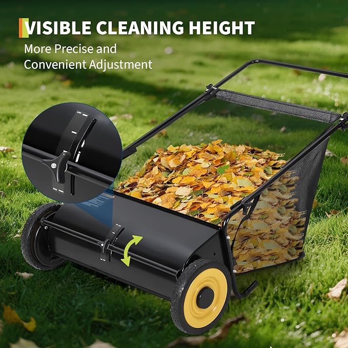 Garvee 26 in Heavy-Duty Push Lawn Sweeper - 4 Spinning Brushes, 7Ft³ Large Capacity Collection Bag, Adjustable Height for Grass, Leaves & Debris On All Terrains