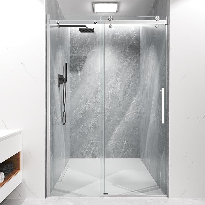 Frameless Sliding Shower Door 44-48" W x 72" H, 5/16" (8mm) Heavy Duty Tempered Glass, Brushed Nickel Finish, Single Sliding Walk-in Shower Glass Door, Reversible Installation, Smooth & Quiet Gliding