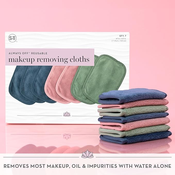 S&T INC. Makeup Remover Wipes for Skin Care, Reusable Makeup Wipes with Laundry Bag, Travel Essentials, Assorted Colors, 4.5 Inch by 6.5 Inch, 7 Pack