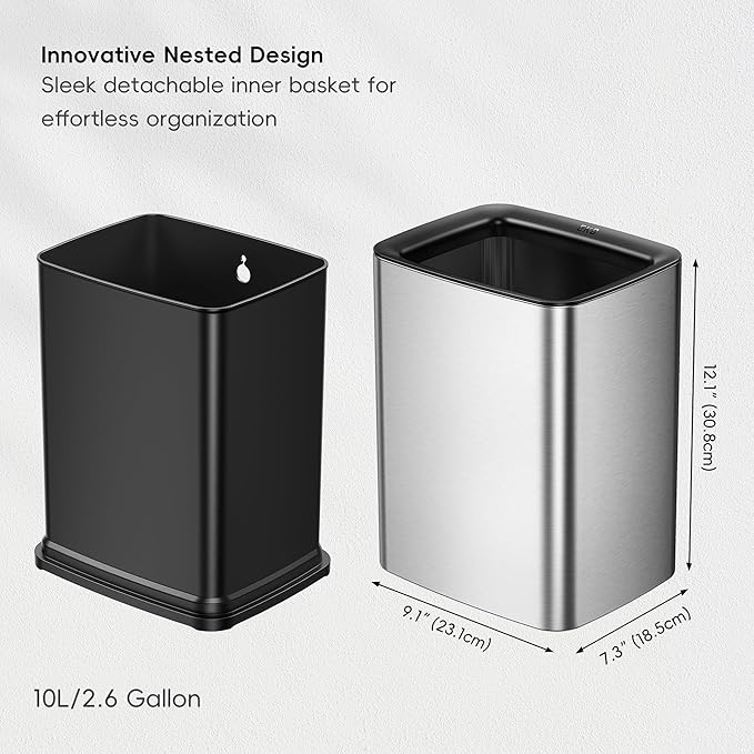 EKO Laguna 2.6 Gallon/10L Open Top Trash Can - Modern Matte Stainless Steel Waste Bin with Removable Inner Basket for Bathroom, Bedroom, and Office Use