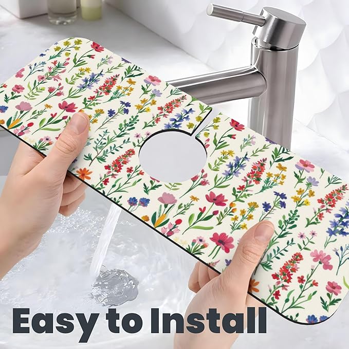 Watercolor Wildflower Dish Drying Mat for Kitchen Counter, 18"x24" Microfiber Absorbent Fast Dry Mat, 2Pcs Dish Mat Faucet Mats Sets, Large Drying Kitchen Mat Kitchen Drying Pad Coffee Bar Decor Gifts