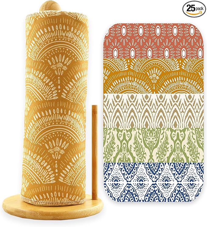 25 Pack Reusable Paper Towels, Paperless Towels Roll Washable Cotton Cloth for Kitchen Towels Zero Waste Products Alternative Paper Towels Alternative (Bohemian)