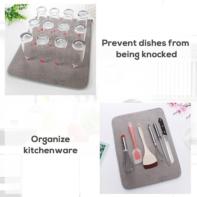 2 Pack Microfiber Dish Drying Mat,Absorbent Dish Drainer Kitchen Counter,Super Absorbent Dish Drying Pads 20×15 Inch Grey