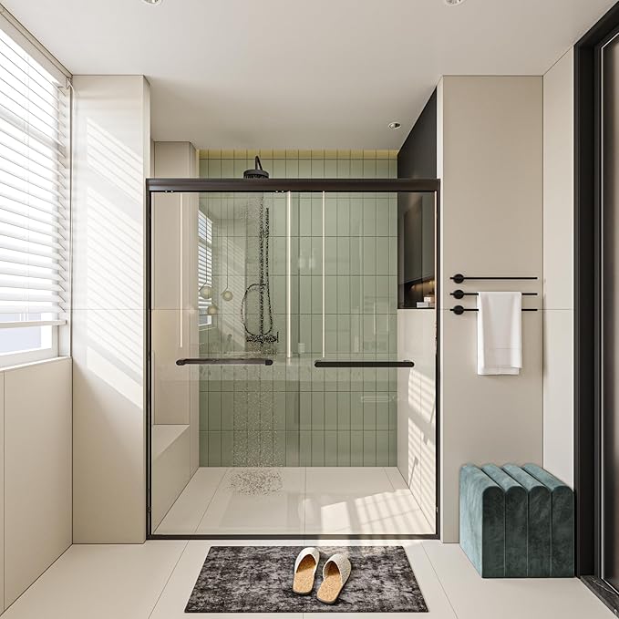 Double Sliding 56-60" W×72" H Shower Door,Semi-Frameless Sliding Glass Shower Door with 1/4''(6mm) Clear SGCC Tempered Glass,for Walk-in Shower Enclosure,Black
