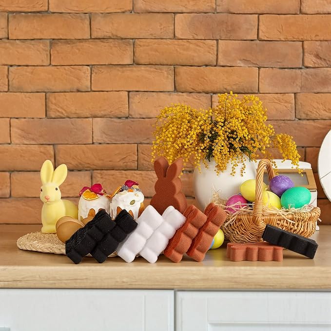 Tioncy 12 Pack Kitchen Sponges Bulk Dual Sided Scrubber Sponges Dishwashing Kitchen Cleaning Accessories for Household Supplies(Easter Bunny,White, Brown, Black)