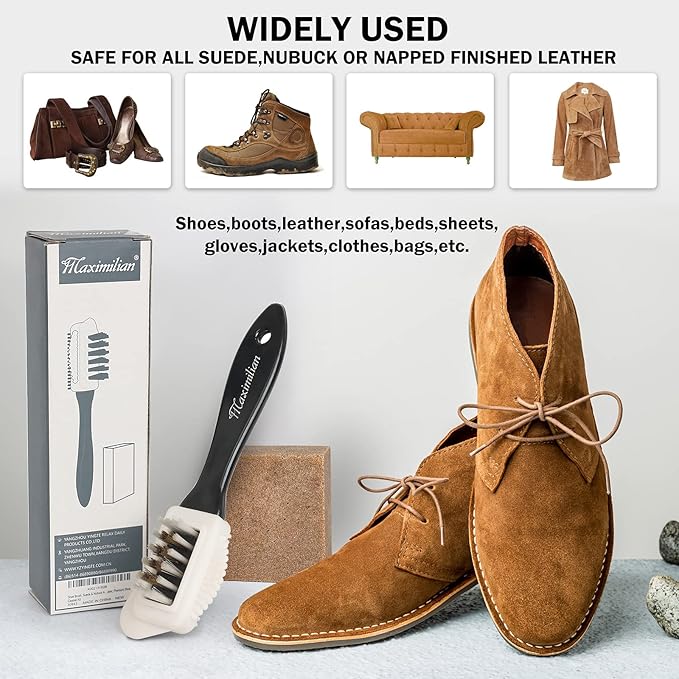 MAXIMILIAN Shoe Cleaner Kit. Brush with Extra 2 Erasers for Shoes & Boots. Horse Hair Shoe Brushes for Polishing, Cleaning & Buffing Leather Shoes - Boot Brush with Soft Bristles