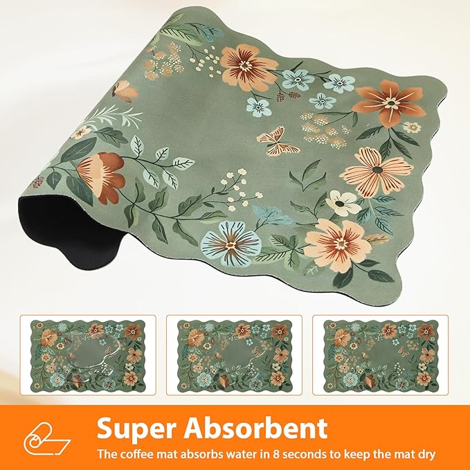 Scalloped Bohemian Boho Floral Flower Coffee Bar Mat Dish Drying Mats for Kitchen Counter, Kitchen Decor, (16"x24", Green 1)