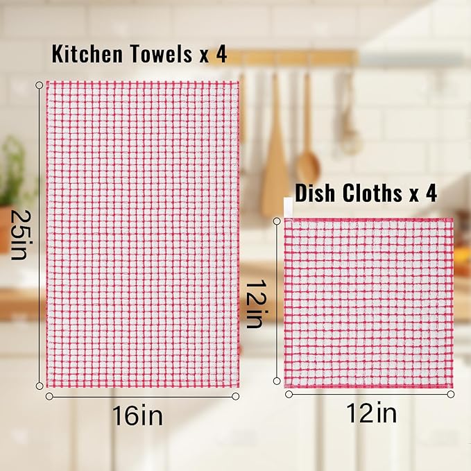 Homaxy Kitchen Towels and Dishcloths Set, 16 x 25 and 12 x 12 Inches, Set of 8 Cotton Terry Kitchen Dish Towels, Super Soft and Absorbent Dish Cloths, Red