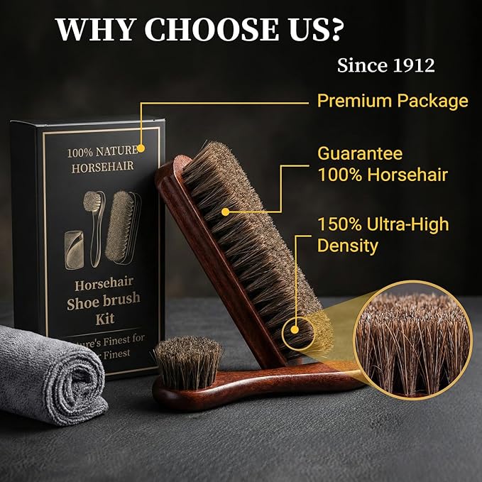 3PCS 100% Horse Hair Shoe Brush Set for Leather Boots Horsehair Brush for Polishing Cleaning Buffing Professional Shoe Shine Kit for Men Suede Boot Care Conditioner Accessories Tool