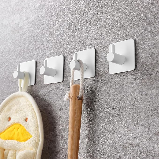 YIGII White Adhesive Hooks - Towel Hook Heavy Duty Stick on Wall Hooks for Hanging Robe/Coat in Bathroom, Bedroom, SUS-304 Stainless Steel, 4 Packs
