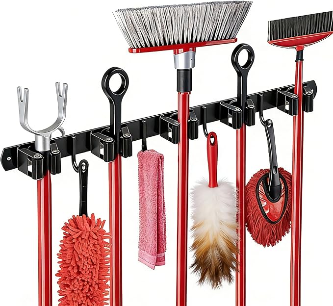 5 Racks and 4 Hooks Mop and Broom Holder Wall Mount, SUS304 Heavy Duty Broom Organizer Storage Tool Racks, Self Adhesive Solid Non-slip Tool Hangers for Home Kitchen Garden Laundry Garage