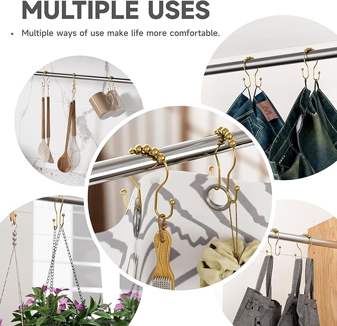 Shower Curtain Hooks, Shower Curtain Rings Rust Proof Double Hook Shower Curtain Hooks, 12 Pcs Dark Gold Shower Hooks for Shower Curtain, Shower Rings for Curtain, Metal Shower Rod Hooks