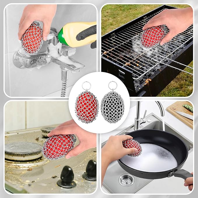 Cast Iron Scrubber & Scraper Set with Hook - Ergonomic 316 Chainmail Scrubber for Cast Iron Skillets, Dutch Oven, Baking Sheet, Crock Pot, Grills & More - 2Pack