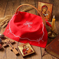 Easter Orthodox Pascha Basket Cover Table Decoration Easter Religious Gift 16.5" Square Orthodox Red Cross Embroidered Natural Crochet Large Cloth Communion Prosphora Greek Christian Altar