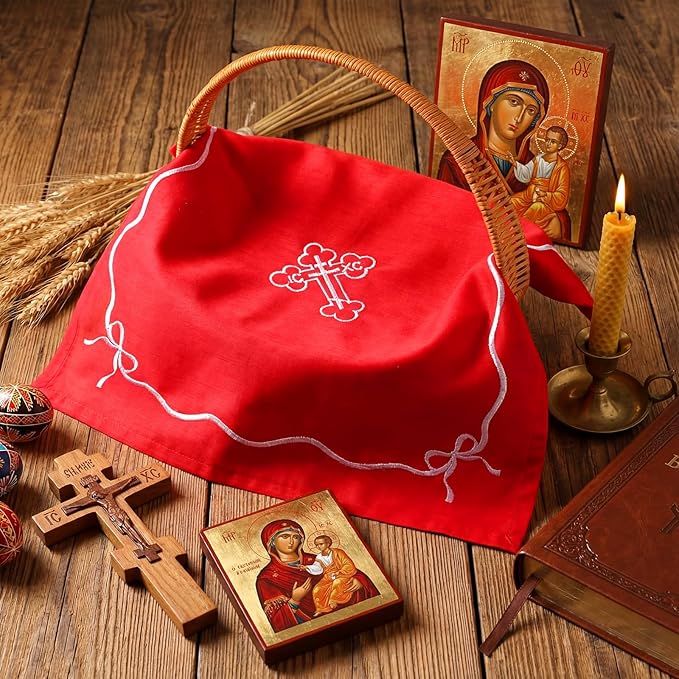 Easter Orthodox Pascha Basket Cover Table Decoration Easter Religious Gift 16.5" Square Orthodox Red Cross Embroidered Natural Crochet Large Cloth Communion Prosphora Greek Christian Altar