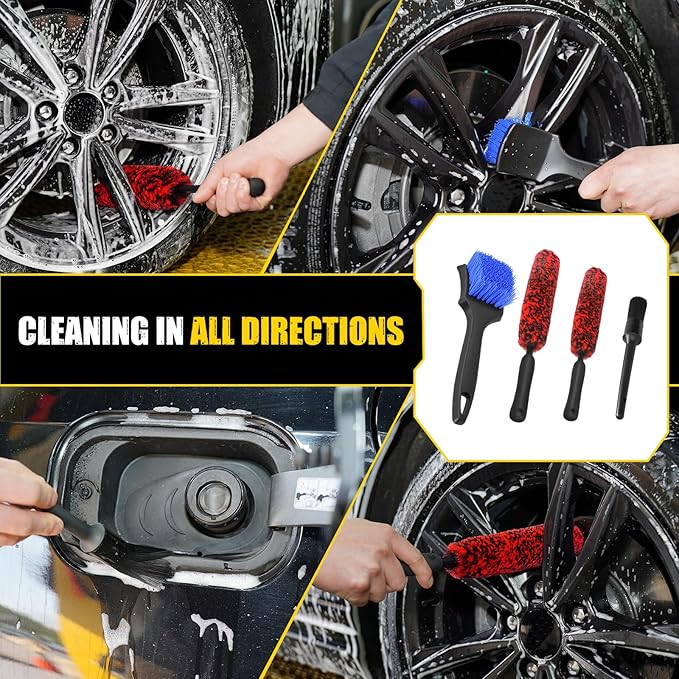 MIKKUPPA Car Wheel Brush Set - Durable Scratch-Free Rim& Stiff Bristles Tire Cleaner Brush, Multipurpose Car Detailing Brushes, Car Cleaning Tools for Washing Exterior (4 Pack)