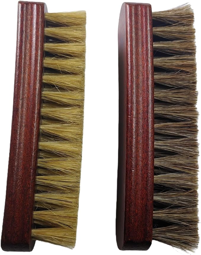 Shoe Cleaning Brush Set of 2 Brushes with Horsehair and Boar Bristles, 6" Concaved Handle for Premium Grip, Wooden Sneaker Brush for Leather, Boot, Canvas, Textile, Bags and Accessories