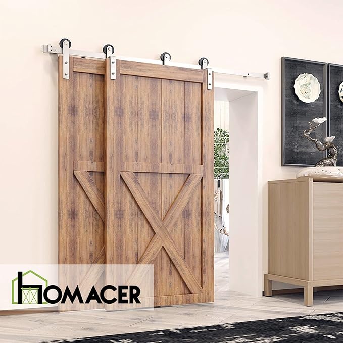 Homacer Brushed Nickel Single Track Bypass Sliding Barn Door Hardware Kit, for Two/Double Doors, 7ft Long Flat Track, StraightDesign Roller