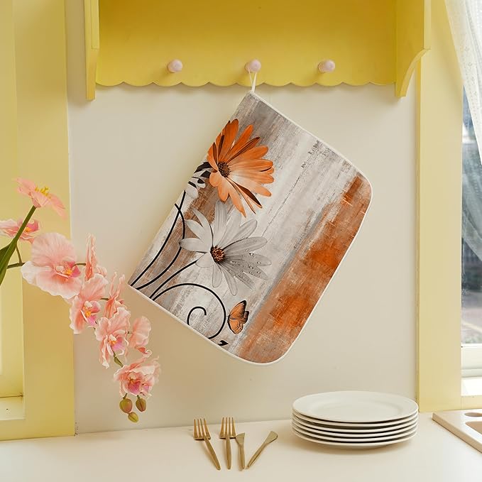 Floral Dish Drying Mat 18x24 Inches For Kitchen Counter Orange Daisy Flower Kitchen Decoration Drying Mat Modern Decorative Drying Pad For Home Kitchen Decor,Dining Room,Office Decor
