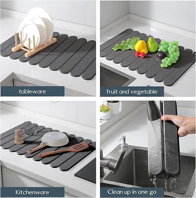 16"×12" Grey Stone Dish Drying Mats for Kitchen Counter, Large Quick Dry Collapsible Eco-Friendly Super Absorbent Diatomaceous Earth Heat-resistant Mat for Dishes Bottles Cups, Match Any Countertop