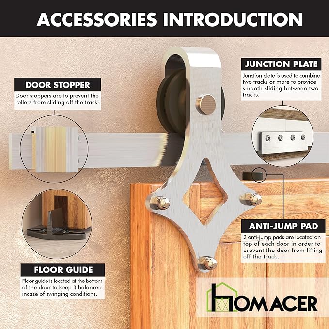 Homacer Brushed Nickel Non-Bypass Sliding Barn Door Hardware Kit, for One/Single Door, 7ft Long Flat Track, Diamond Design Roller, Heavy Duty, for Interior Use