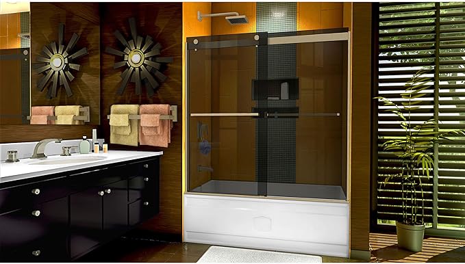 DreamLine Sapphire 56-60 inch W x 60 inch H Semi-Frameless Bypass Tub Door in Matte Black and Smoke Gray Glass
