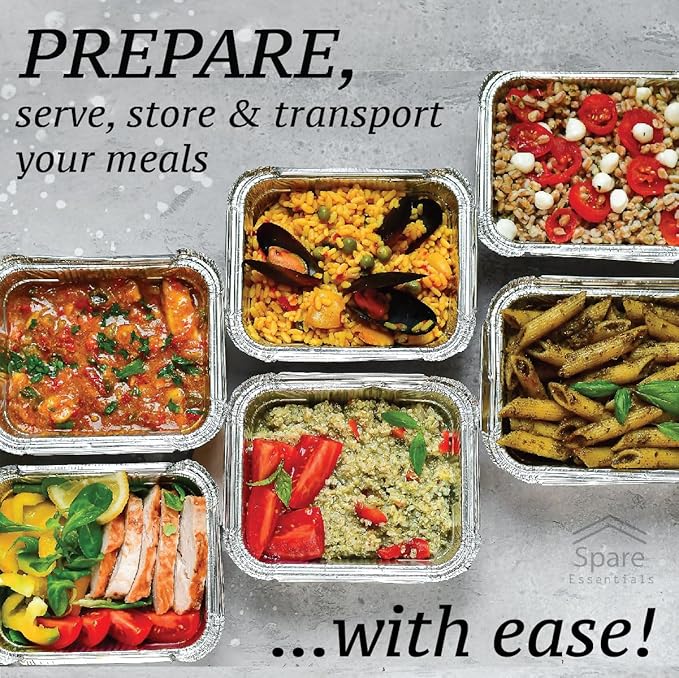 (55 Pack) 1 Lb Aluminum Pans with Lids, Disposable Baking Foil Containers, Takeout Food Storage, Freezer - Mini Foil Pans with Clear Lids for Restaurants & Catering - Size 5.5x4.5x1.9 Spare Essentials