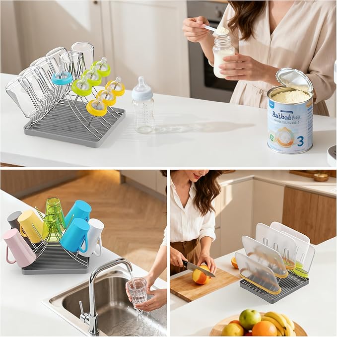 Baby Bottle Drying Rack, Space Saving Bottle Drying Tree Rack with Drainboard for Cups, Mugs and Glass, Sports Bottle, Holds Up to 15 Baby Bottles ，Foldable,Stainless Steel,