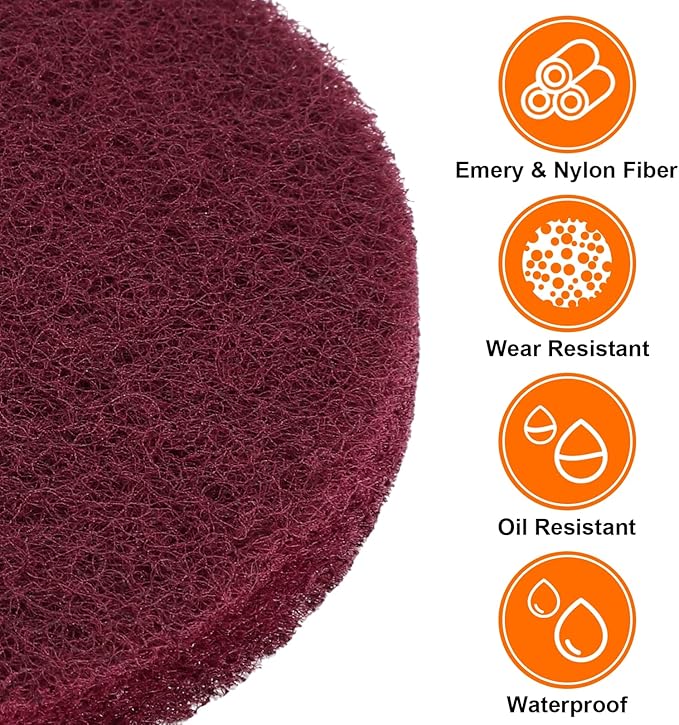 HARFINGTON 12pcs Scrubber Scouring Pads 500 Grits 3 Inch Drill Power Brush Hoop and Loop Surface Conditioning Disc Drill Scuffing Disc Scrub Pads for Home Kitchen Cleaning, Dark Red