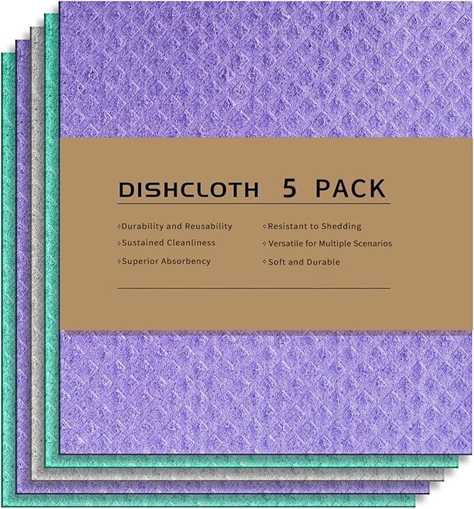 Swedish Dishcloths for Kitchen 5 Pack – Super Absorbent, Eco-Friendly Reusable Cleaning Cloths, Non-Scratch Dish Towels for Kitchen, Home & Car Cleaning