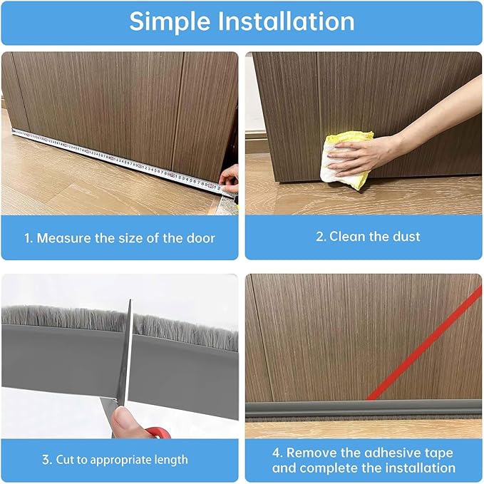 39-inch Door Draft Stopper with Brush - Adhesive Weather Stripping Seal for Exterior/Interior Doors | Under Door Sweep Blocks Drafts, Noise & Dust | Fits 1/4"-1" Gaps (Grey)