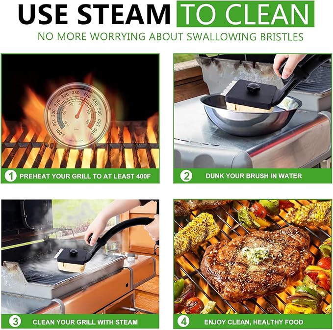 Sponge Grill Brush for Outdoor Grill, Upgraded Safe Bristle Free Grill Brush with Scraper Replaceable Head, BBQ Cleaning Brush for Dad, 1+2 Pcs