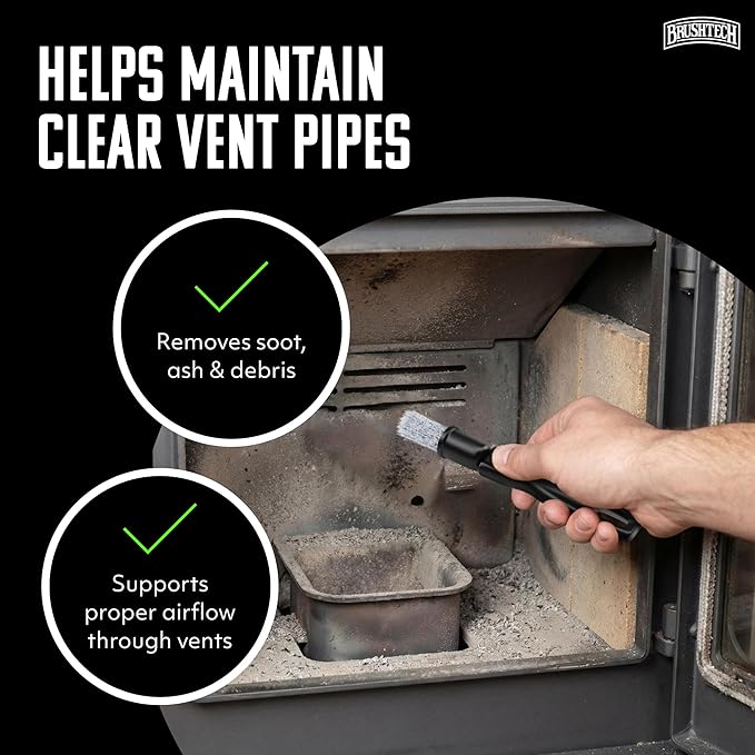 Brushtech Pellet Stove Cleaning Brush Kit - 10-Foot Non-Kinking Spring Brush for 3-Inch Vent Pipes with Bonus Steel Ash Brush - Safe Airflow Maintenance for Stove Pipes
