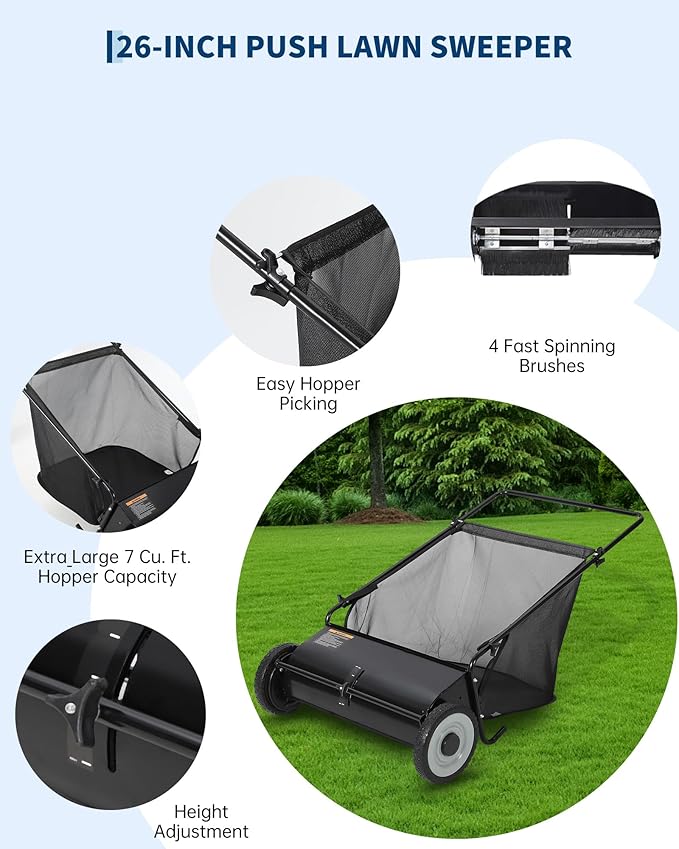 26-Inch Push Lawn Sweeper, 7 Cu. Ft. Hopper Capacity Leaf & Grass Collector with 4 Spinning Brushes, Adjustable Height, for Grass Clippings, Leaves & Debris, Black