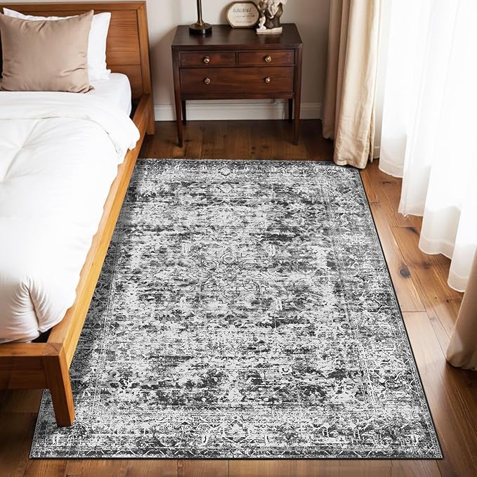 4x6 Area Rugs for Living Room, Bedroom, Dark Grey Rugs, Small Washable Non Slip Entry Rugs, Vintage Boho Soft Indoor Rug for Nursery, Bathroom, Office