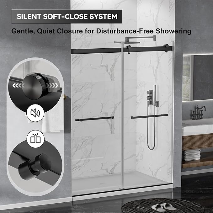 56"-60" W x 75" H Frameless Shower Door, Double Sliding Shower Door,5/16"(8mm) Clear Tempered Glass,Silent Soft-Close Design,Matte Black