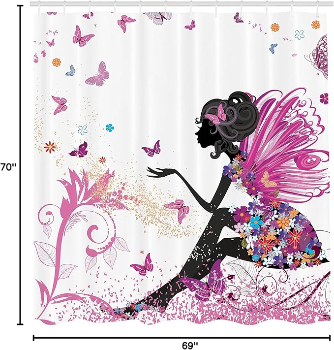 Ambesonne Fantasy Shower Curtain, Spring Girl Wings in a Floral Dress Surreal Garden Butterflies Print, Cloth Fabric Bathroom Decor Set with Hooks, 69" W x 70" L, Pastel Pink